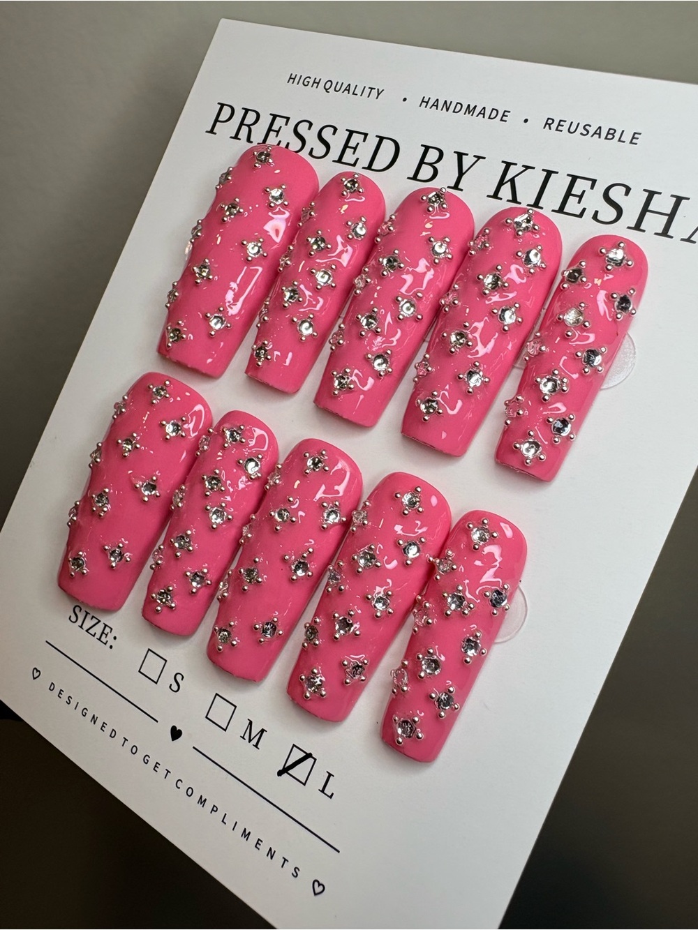 Handmade Pink Rhinestone Press-On Nails